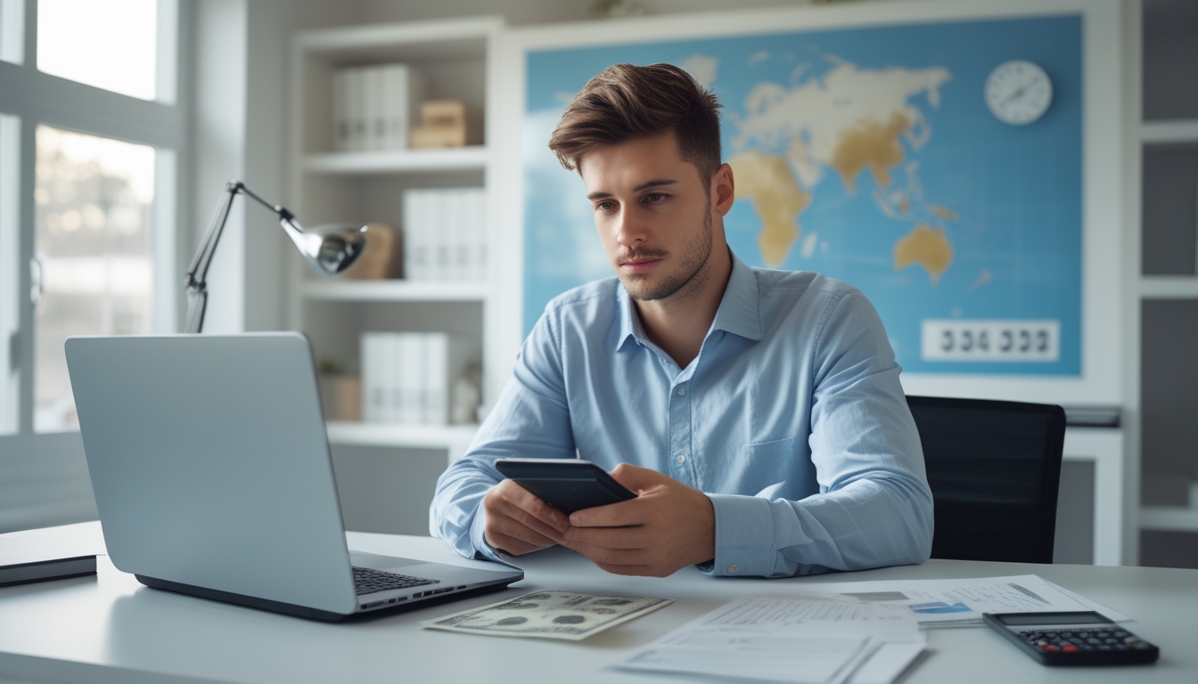 Seorang pria muda duduk di meja kerja dengan laptop, kalkulator, dan dokumen keuangan, fokus mengelola modal dengan serius.