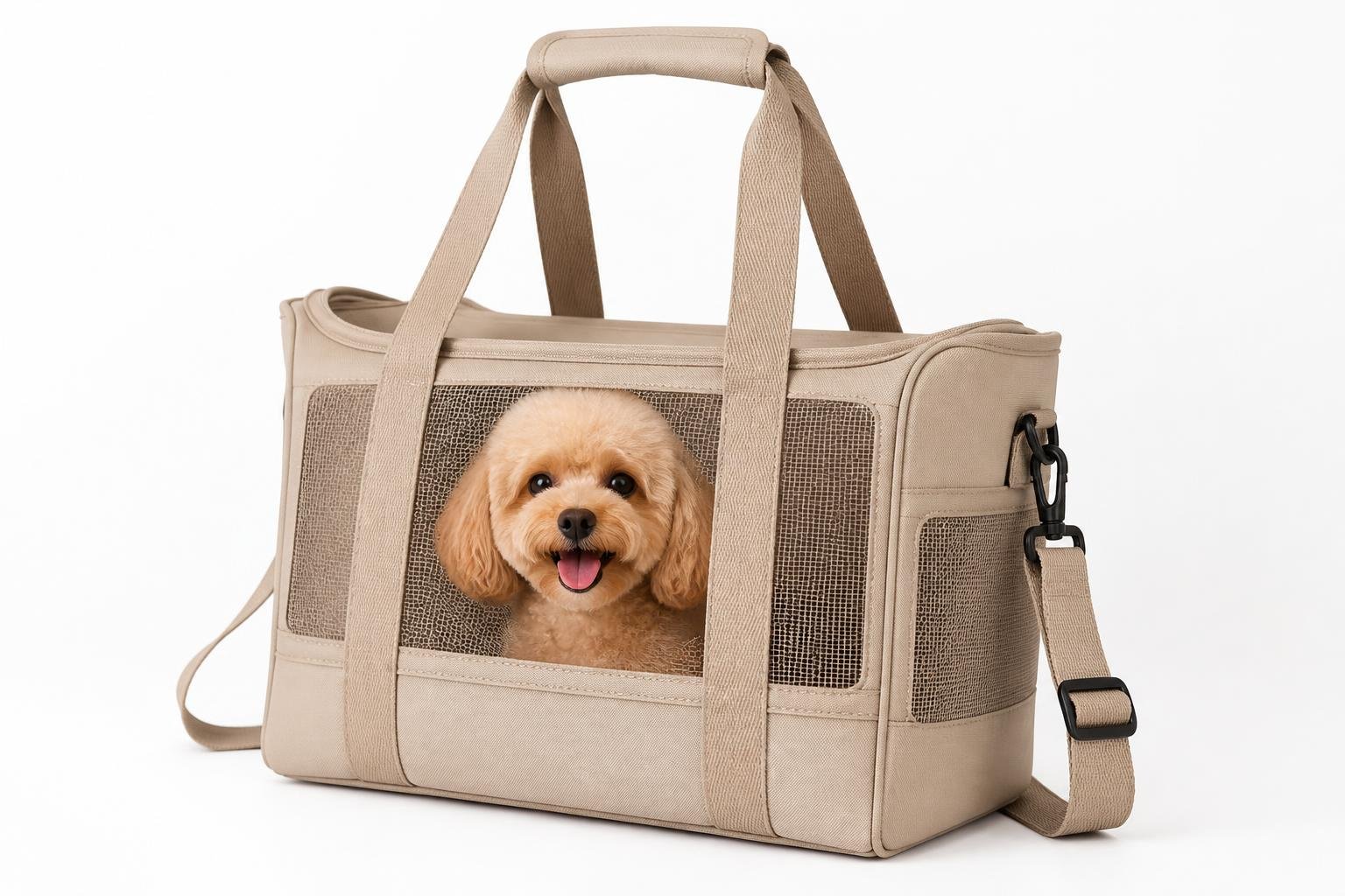 A small dog sitting comfortably inside a durable tote bag designed as a pet carrier, against a plain white background.