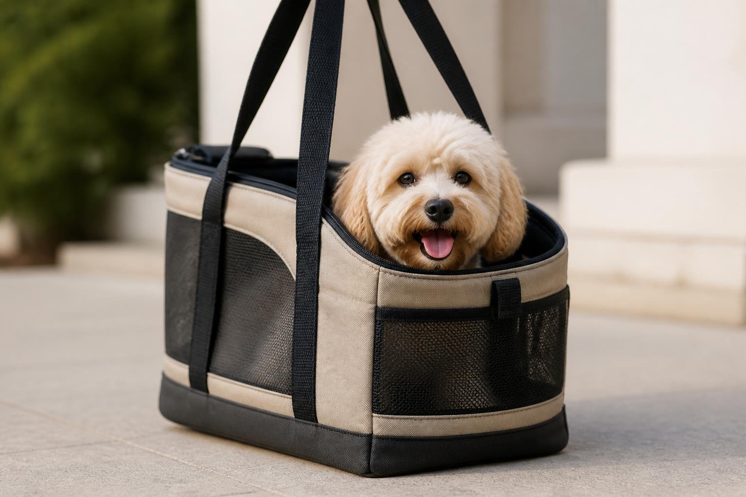 A small dog sitting comfortably inside a stylish pet carrier tote bag with mesh panels, held by a person outdoors.