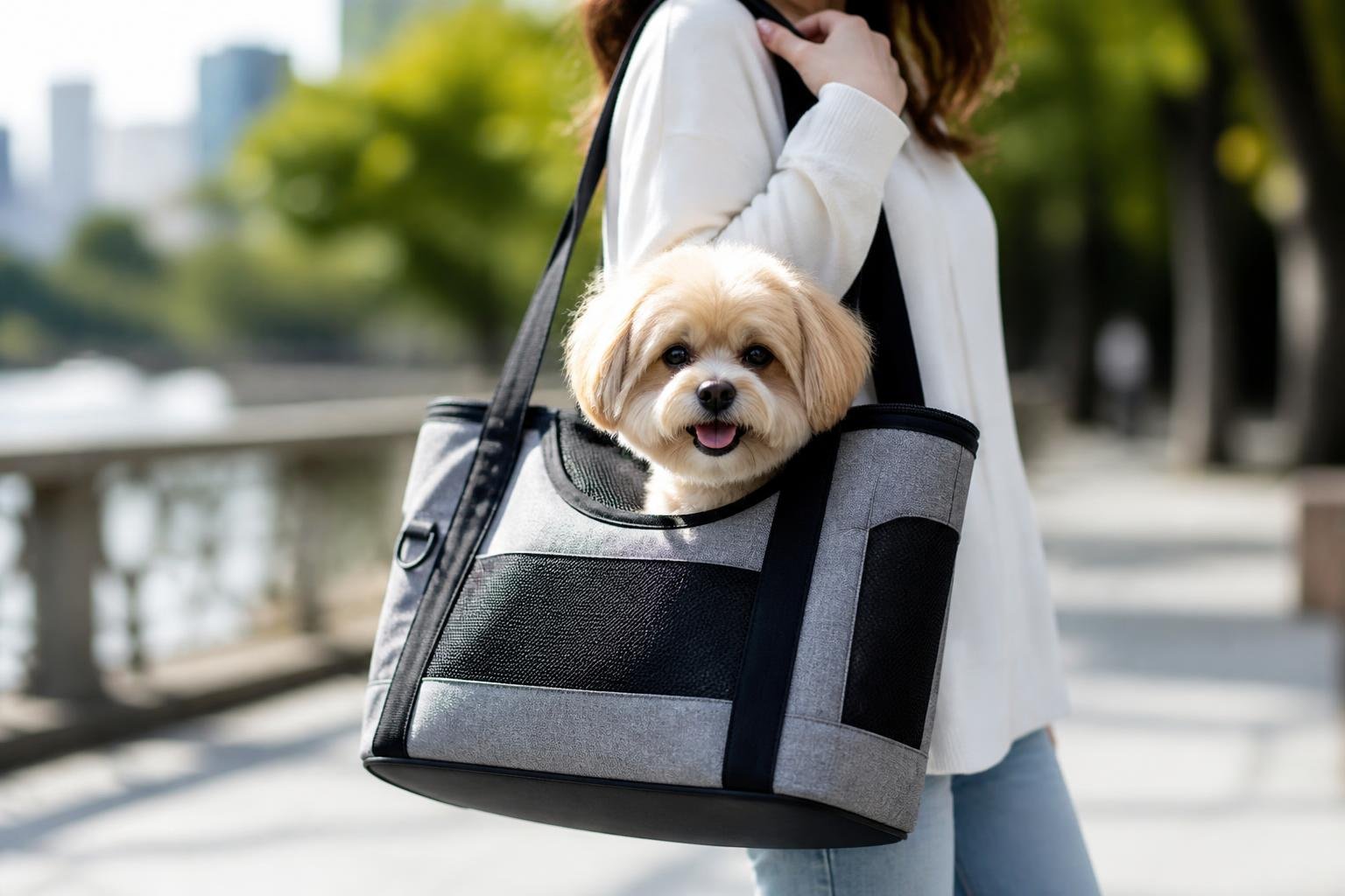 A small dog sitting comfortably inside a stylish pet carrier tote bag being carried by a person outdoors.