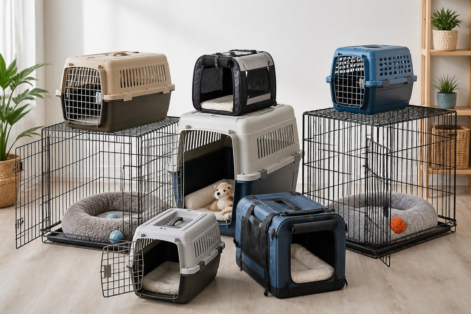 A collection of different sized animal crates for dogs and cats arranged indoors, some open showing bedding and toys inside.