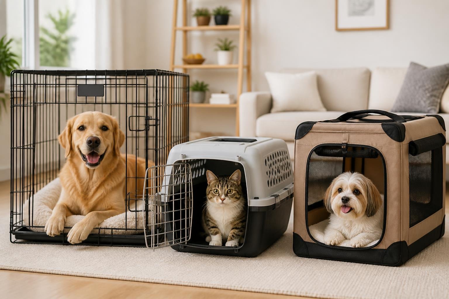Various types of animal crates for dogs and cats displayed indoors with pets nearby.