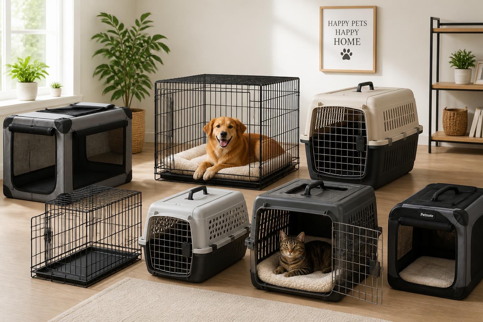 A dog resting inside a dog crate and a cat lying comfortably inside a cat crate in a bright indoor room.