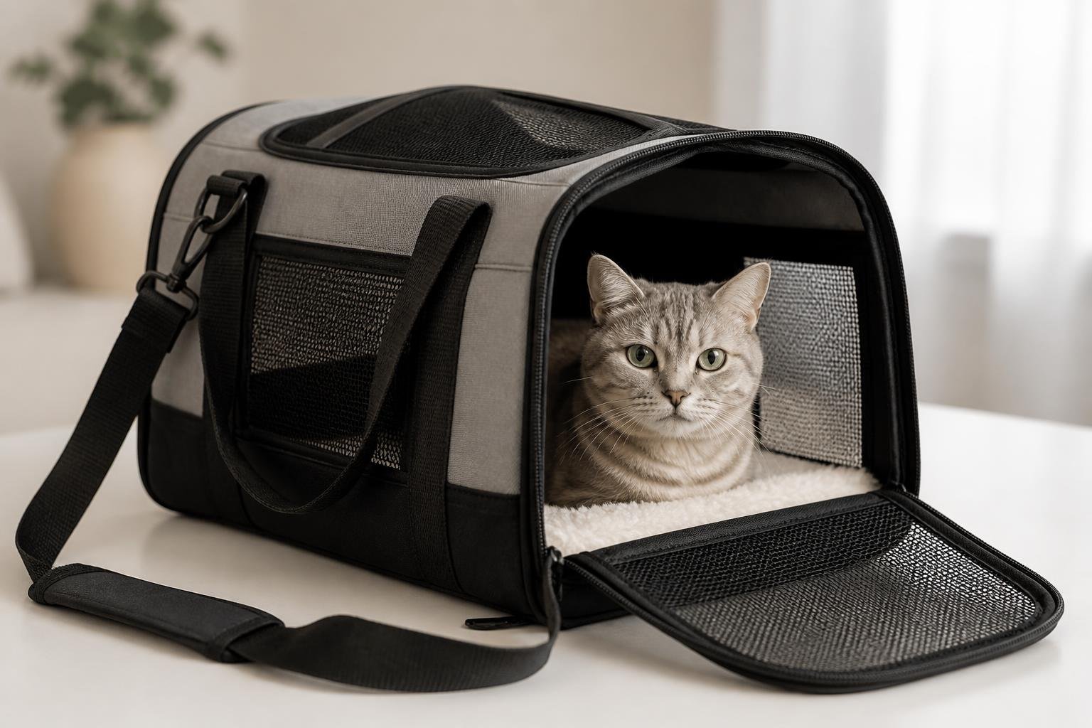 A duffle bag pet carrier with a cat sitting inside on a clean surface.