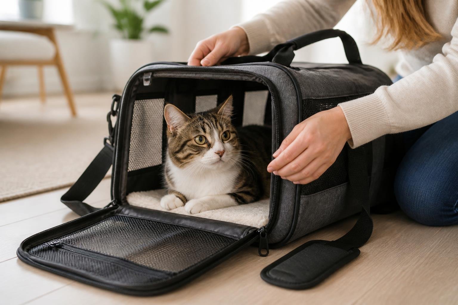 A duffle bag pet carrier with a cat inside and a person adjusting the bag's fit indoors.