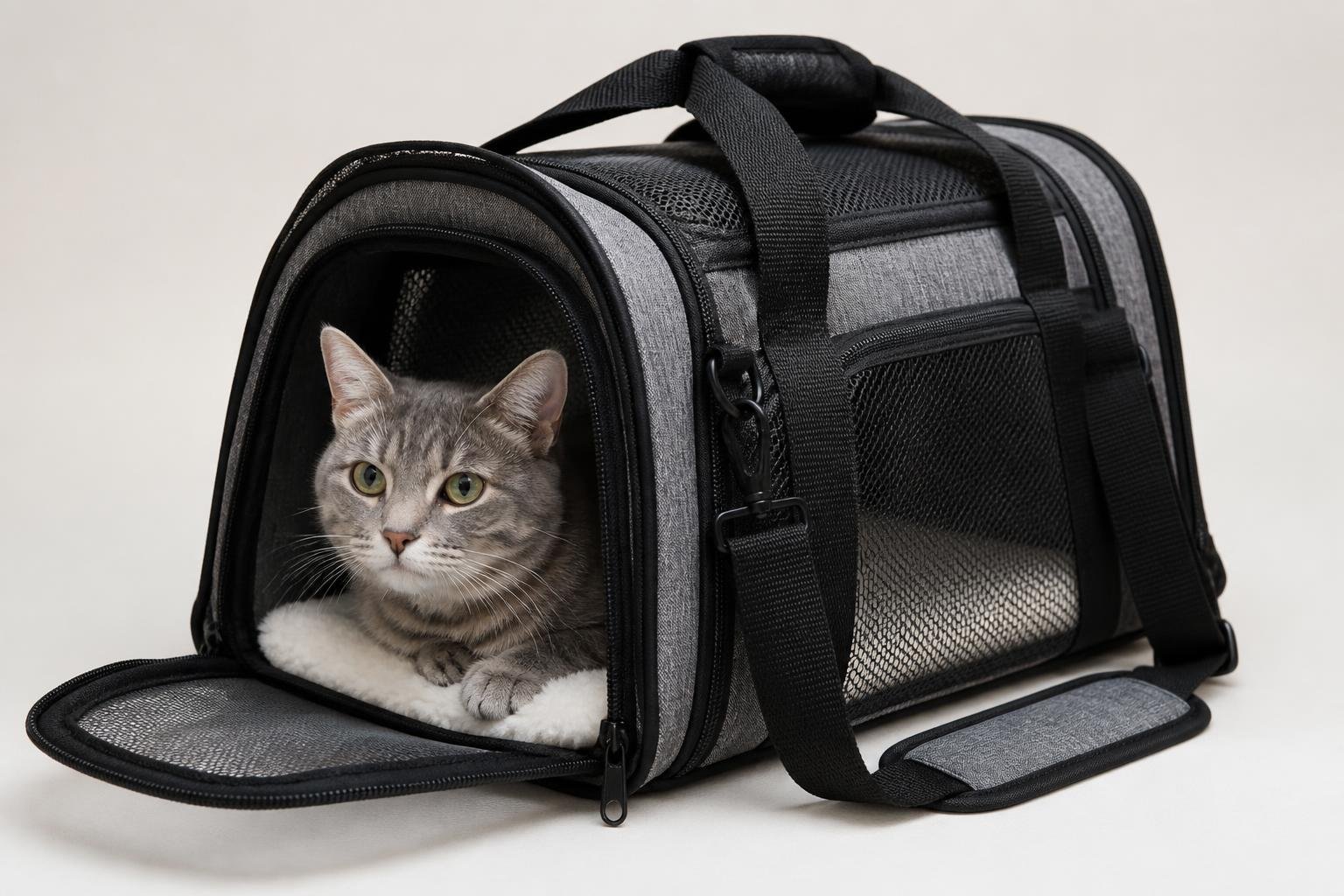 A duffle bag pet carrier with mesh panels and a cat peeking out from the open bag on a neutral background.