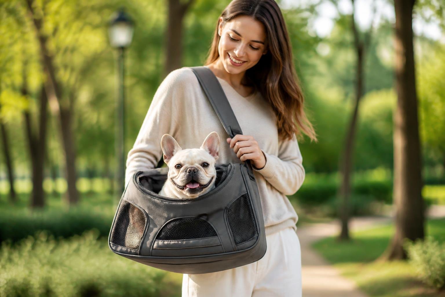 A woman outdoors wearing a shoulder bag designed to carry a small dog, with the dog comfortably sitting inside the bag.