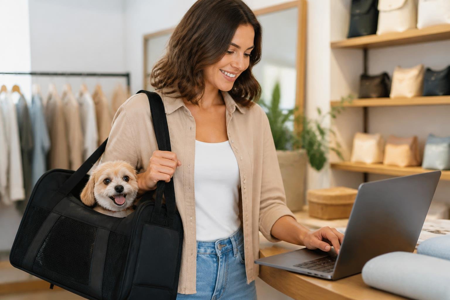 A woman carrying a dog in a shoulder bag while shopping in a store and using a tablet.