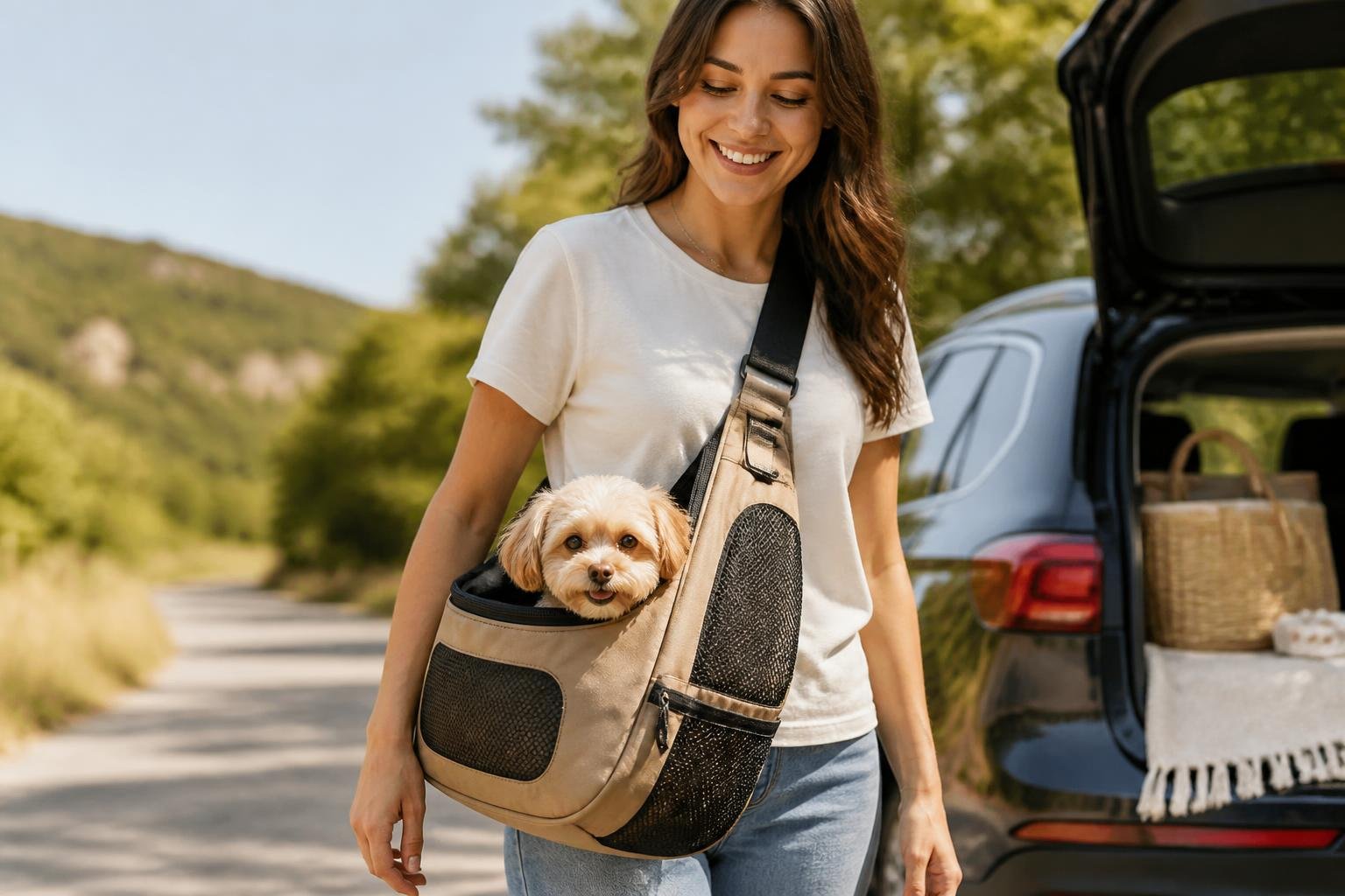 Person wearing a dog carrier shoulder bag with a small dog inside outdoors in a natural setting.