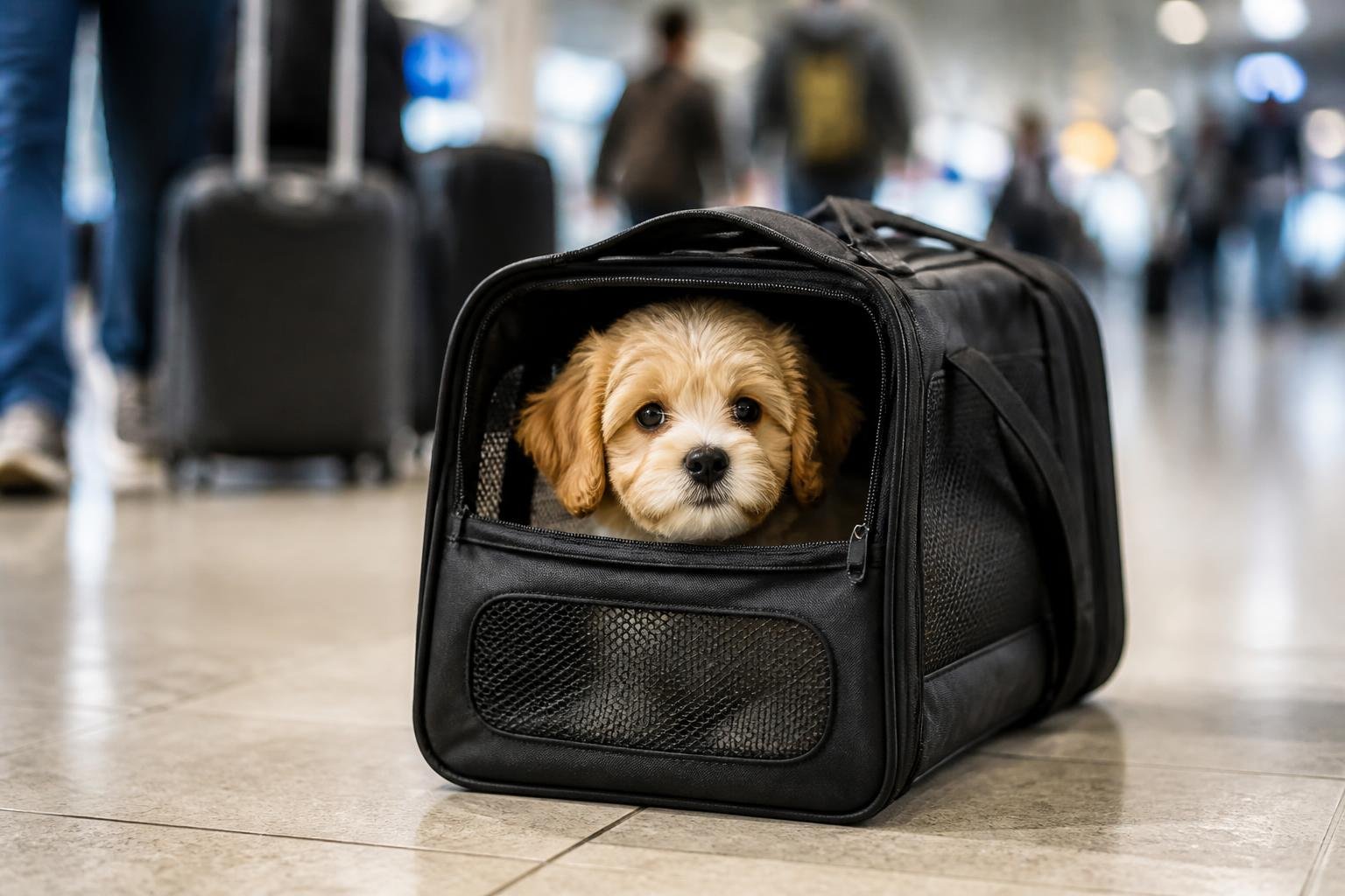 A small puppy sitting inside a soft airline carrier at an airport terminal.