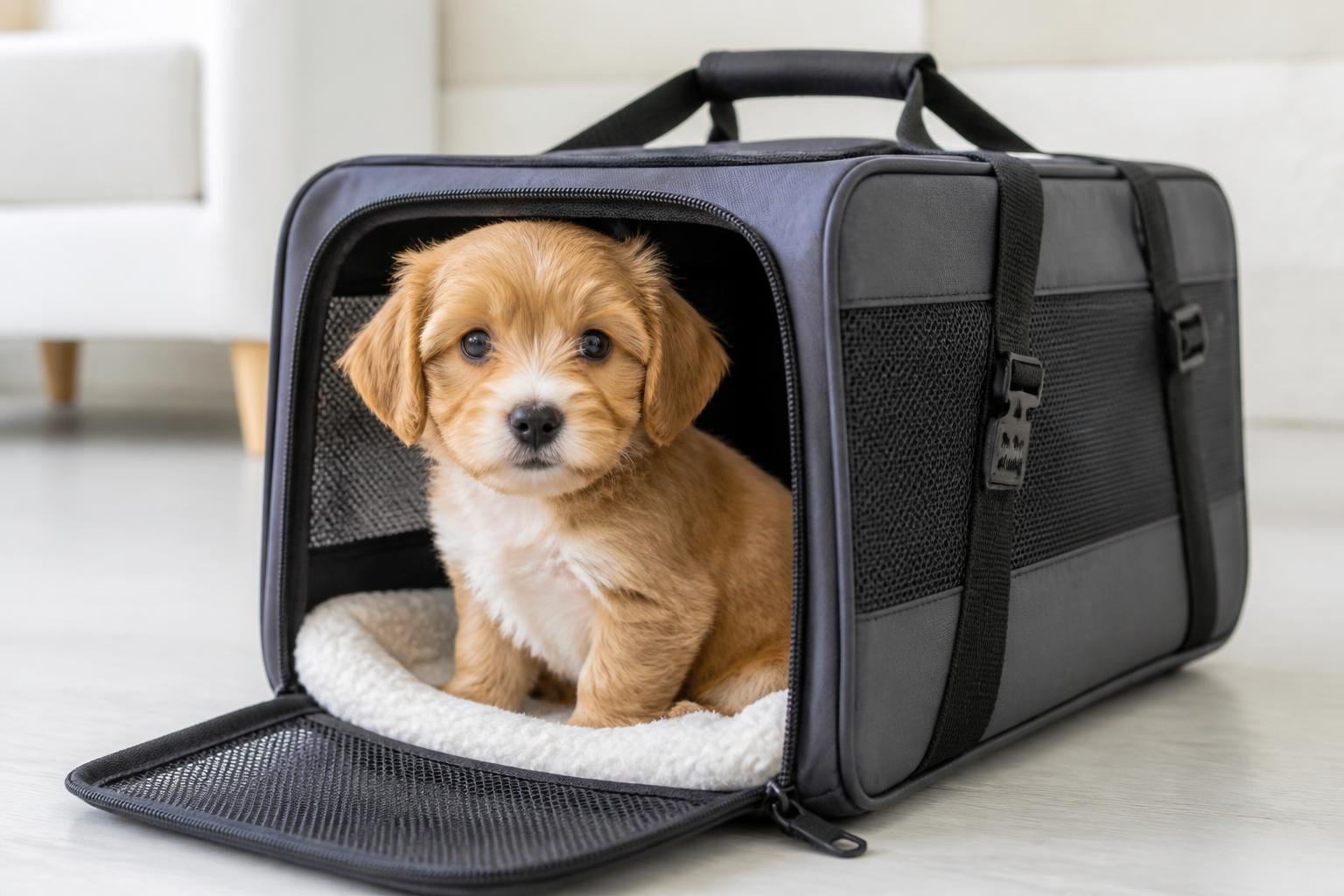 A small puppy sitting inside an airline carrier in a clean indoor setting.