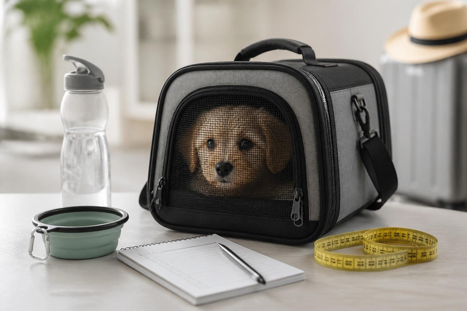 Small puppy sitting inside a compact airline pet carrier with travel preparation items nearby.
