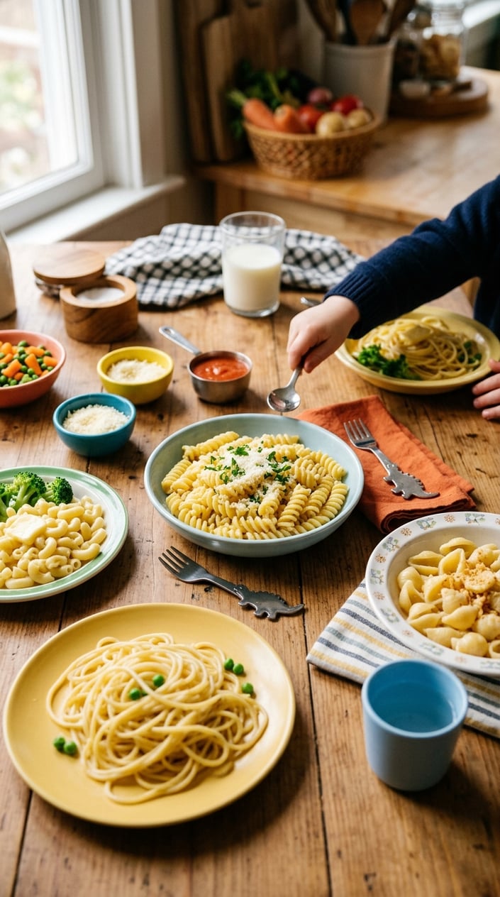 Several white bowls of buttered noodles arranged on a bright wooden table with small forks and simple herb garnishes