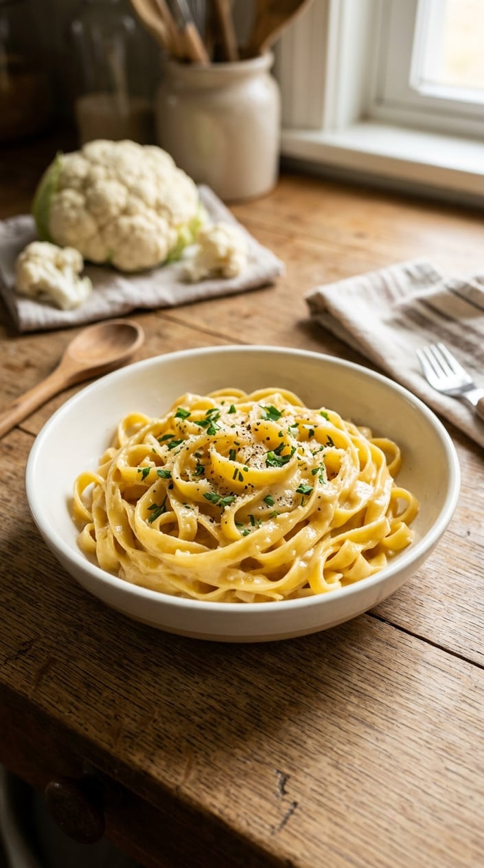 A ceramic bowl of pale yellow buttered noodles with a smooth creamy coating, sitting on a worn wooden table with a small grater in the background