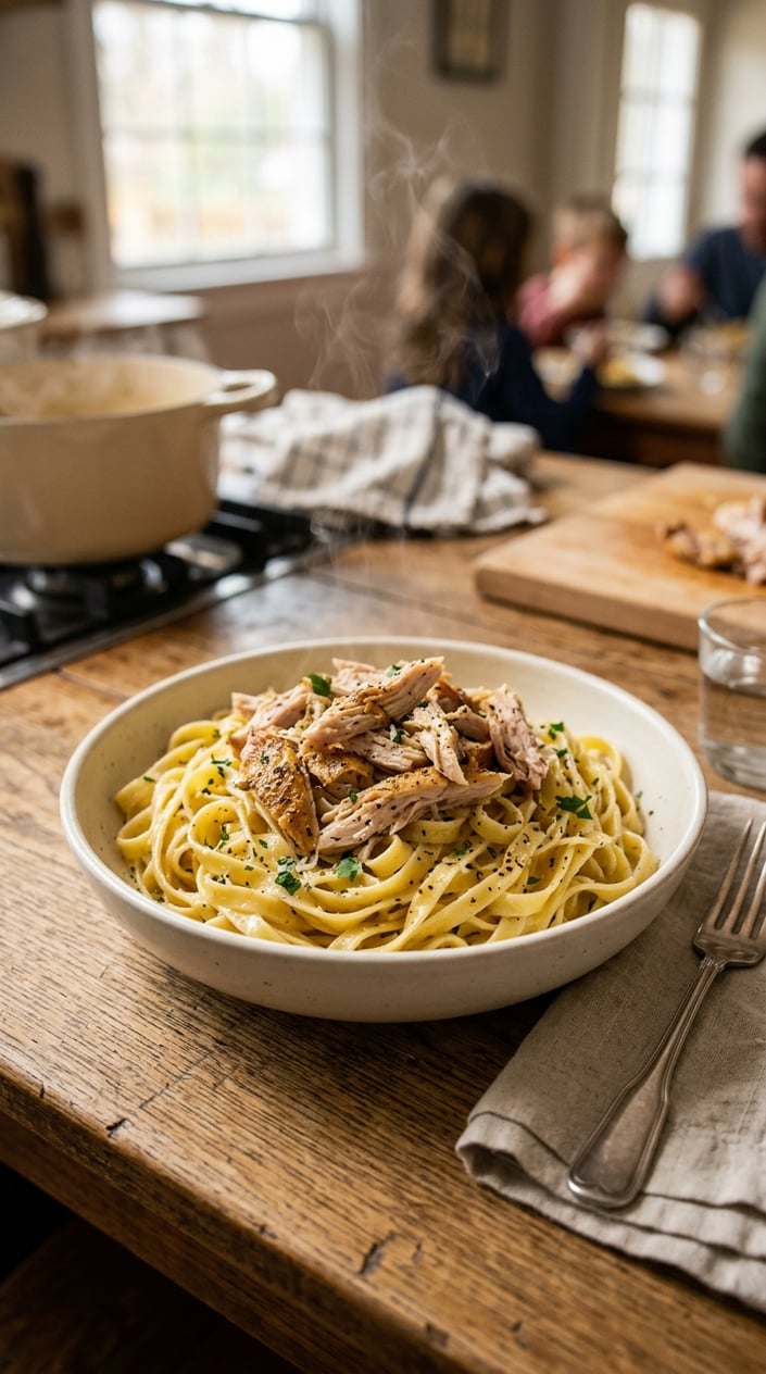 A wide bowl of golden egg noodles topped with loosely pulled rotisserie chicken strands, set on a warm wooden table