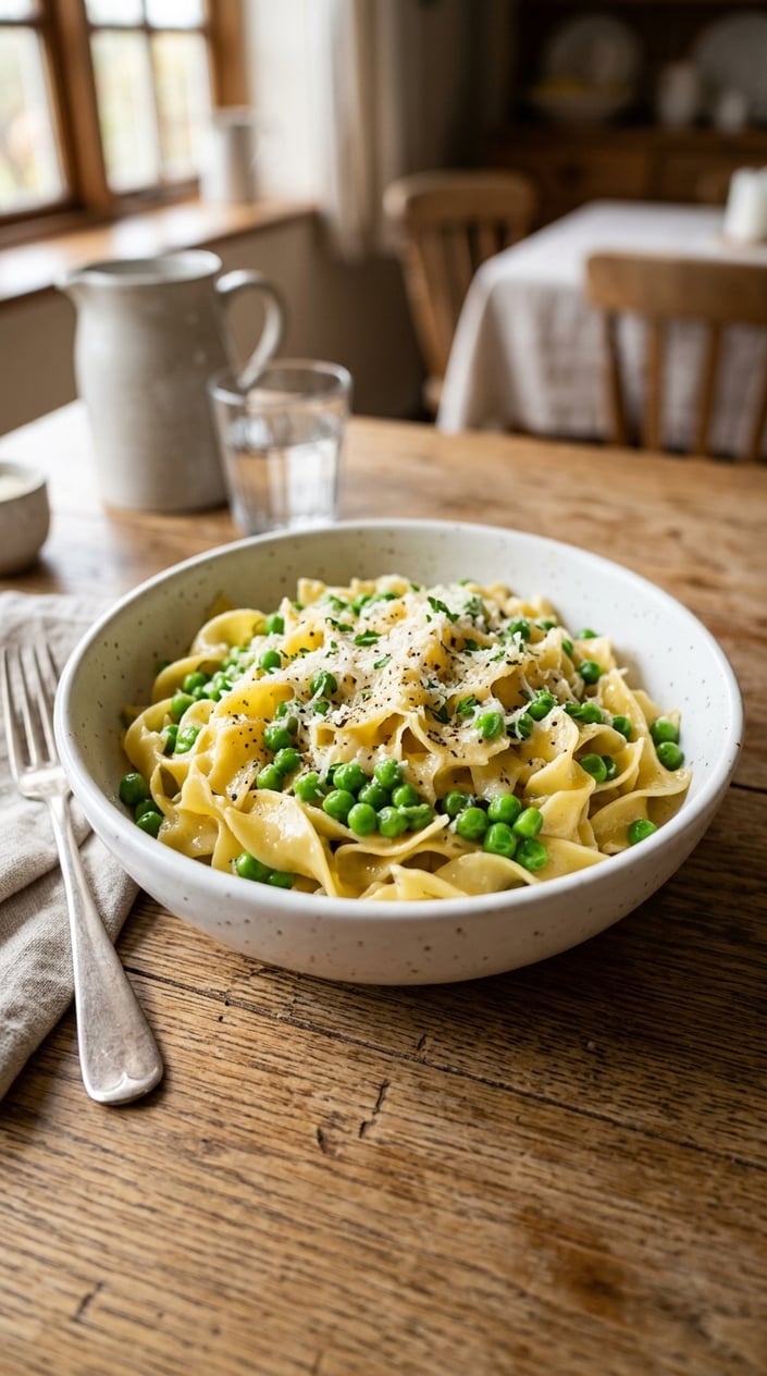 A bowl of buttered egg noodles dotted with bright green peas and a snow of grated Parmesan, photographed on a light wooden surface