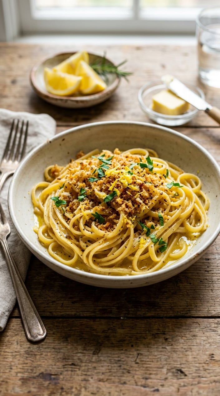 A shallow bowl of spaghetti glistening with lemon butter sauce, topped with golden toasted panko breadcrumbs and a scatter of flat-leaf parsley