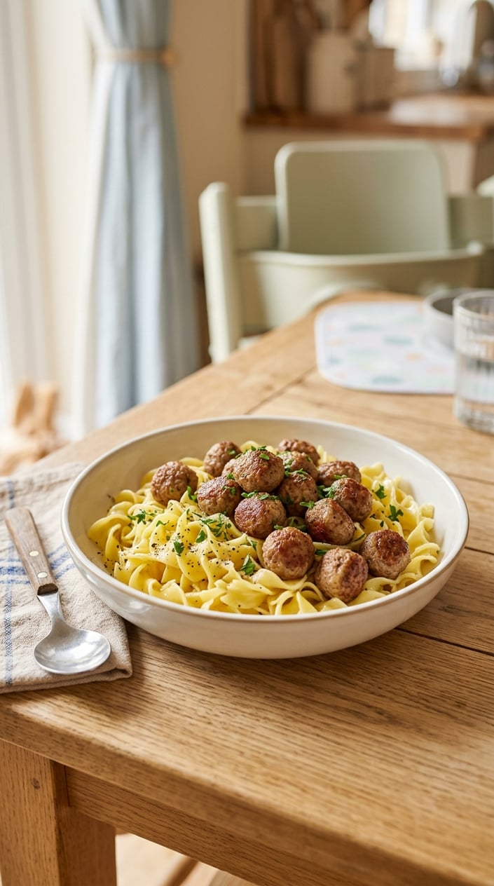 A deep bowl of buttered egg noodles topped with small browned meatballs, styled on a rustic wooden table with a linen napkin to the side