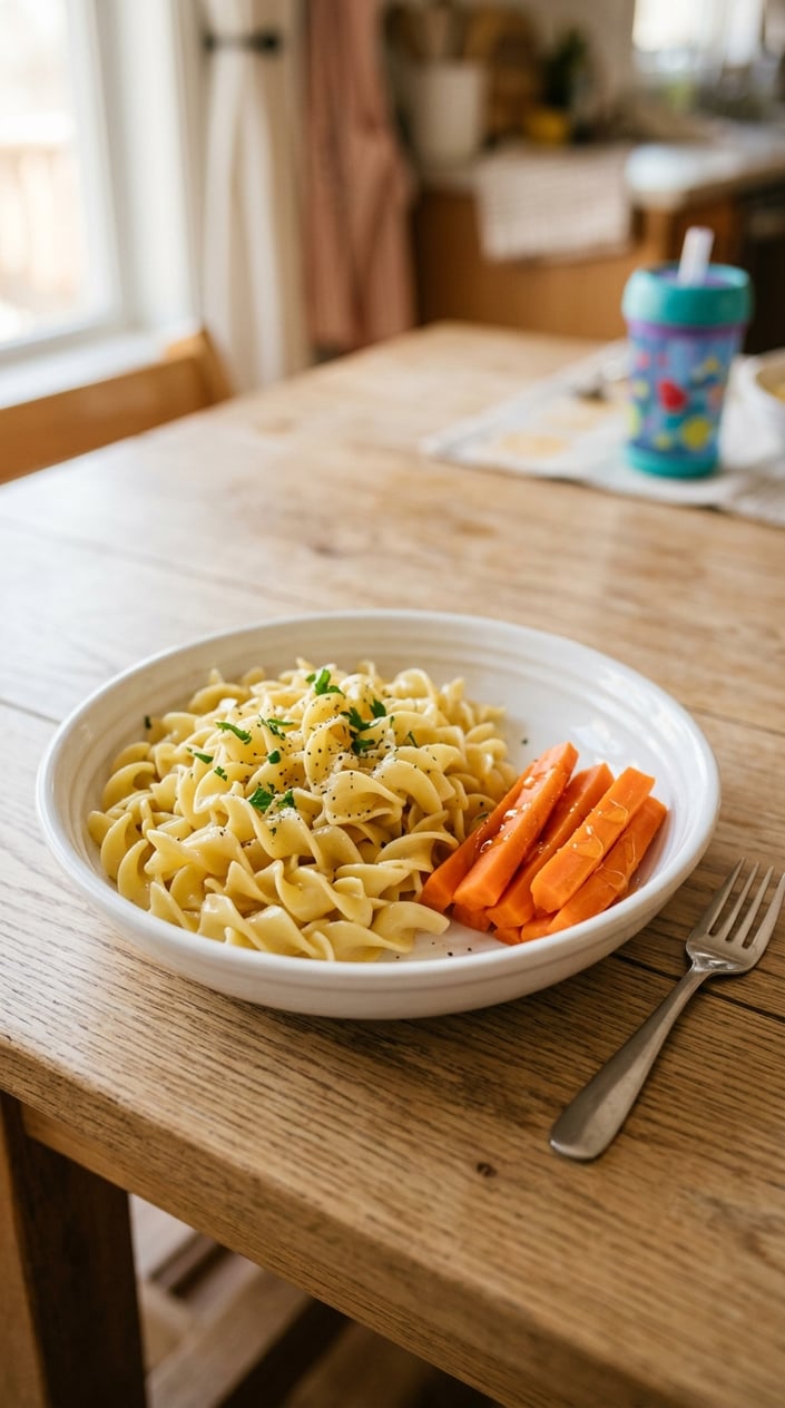 A bowl of buttered egg noodles with soft steamed orange carrot rounds arranged on top and a light honey drizzle catching the light