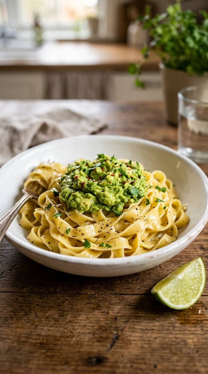 A bowl of small shell pasta coated in green-tinted avocado butter with a fresh lime wedge resting on the rim of a white bowl