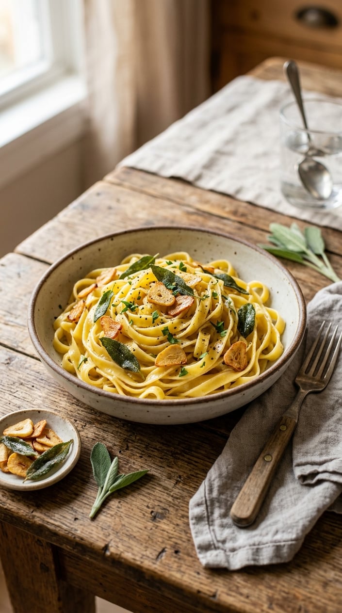 A bowl of long pasta noodles topped with thin golden garlic chips and dark green crispy sage leaves, with a small bunch of fresh sage visible in the background