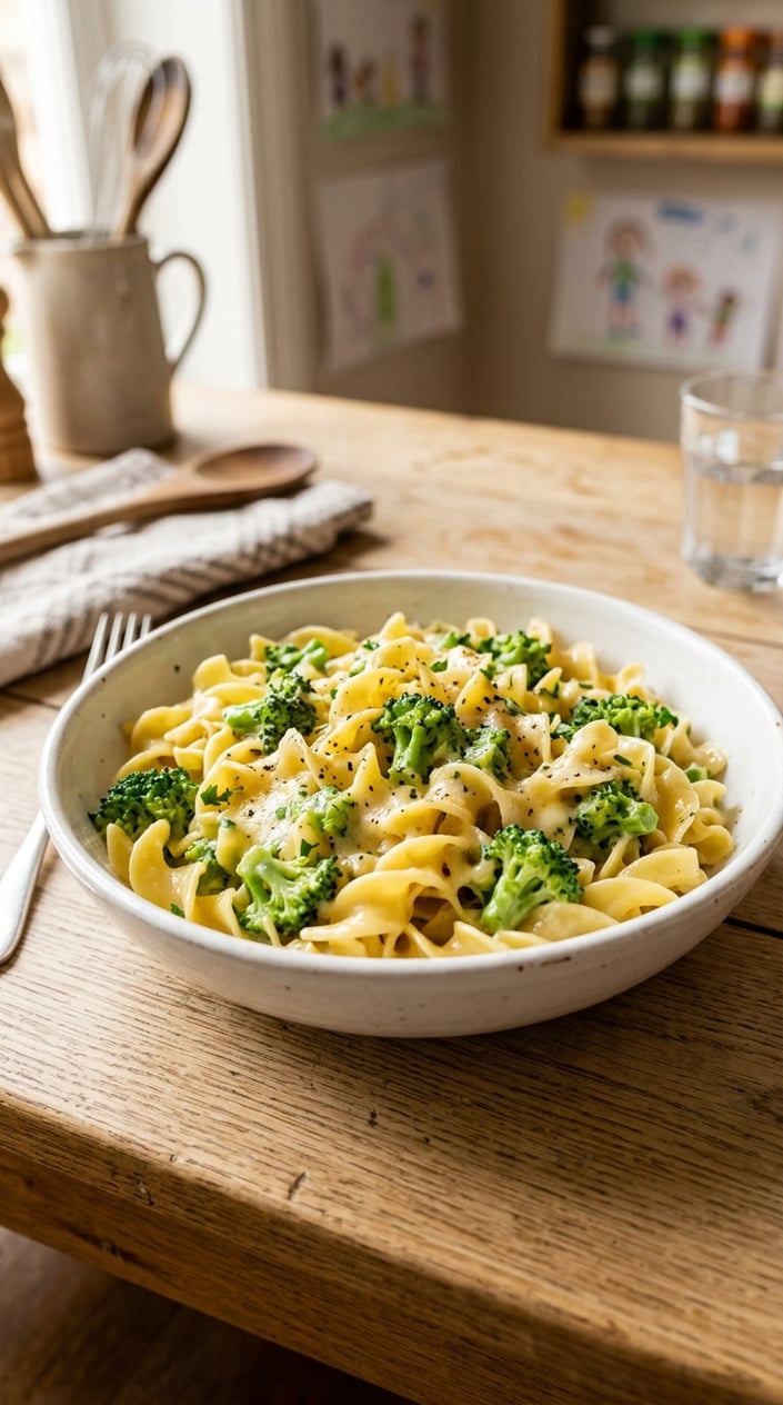 A bowl of shell pasta in a pale cheddar sauce with small soft broccoli pieces folded throughout, served in a white bowl on a wooden table