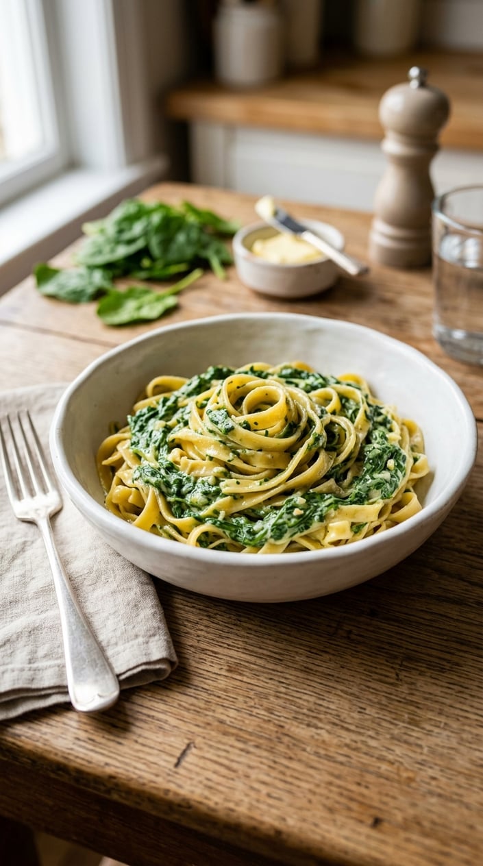 A white bowl of egg noodles with a pale green creamed spinach swirl across one side, a silver fork resting beside it on a wooden table