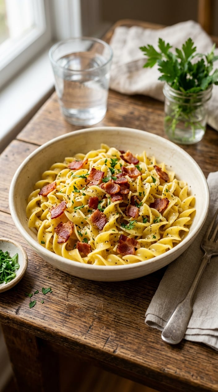 A bowl of wide egg noodles glistening with butter and scattered with dark crispy bacon crumbles, served on a plain wooden table