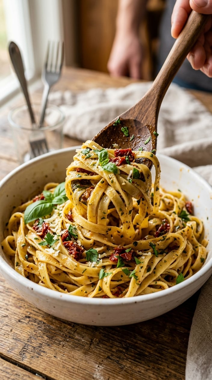 A close-up of a wooden spoon lifting glossy buttered noodles coated in a rust-red sun-dried tomato pesto from a white bowl on a wooden table