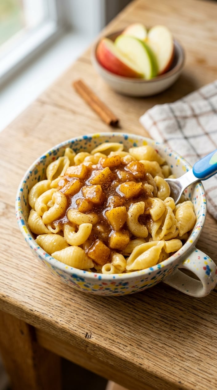 A small bowl of soft egg noodles coated in a warm amber apple-cinnamon butter sauce, with fresh apple slices and cinnamon sticks arranged nearby on a wooden surface