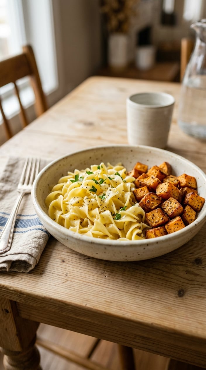 A bowl of elbow pasta in glossy butter sauce studded with deep orange roasted sweet potato cubes, with a fork and folded napkin resting on the wooden table beside it