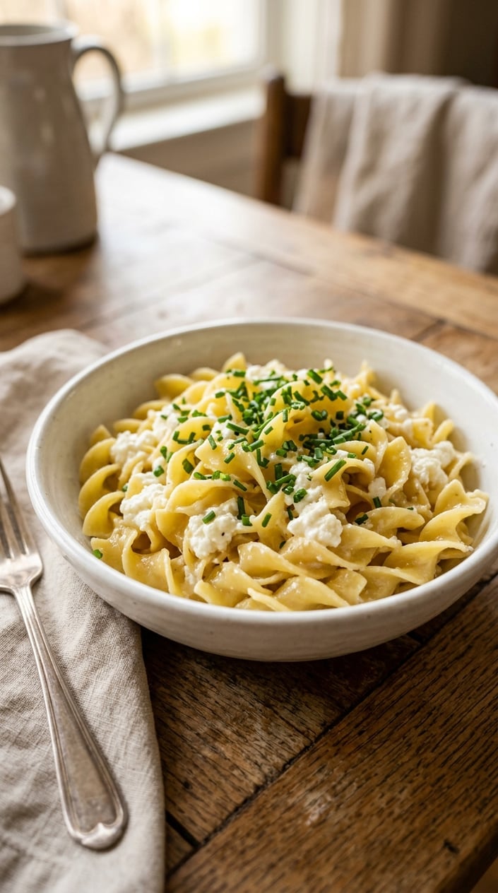 A bowl of spaghetti noodles folded with small-curd cottage cheese and flecks of green chives, sitting on a light wooden table