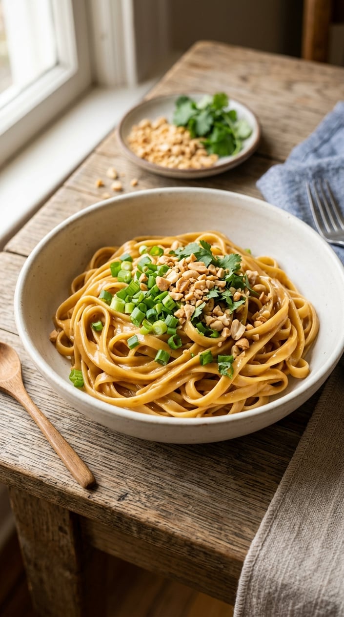 A bowl of long noodles coated in a warm tan peanut butter sauce, topped with thin green onion slices and a few crushed peanuts on a wooden table