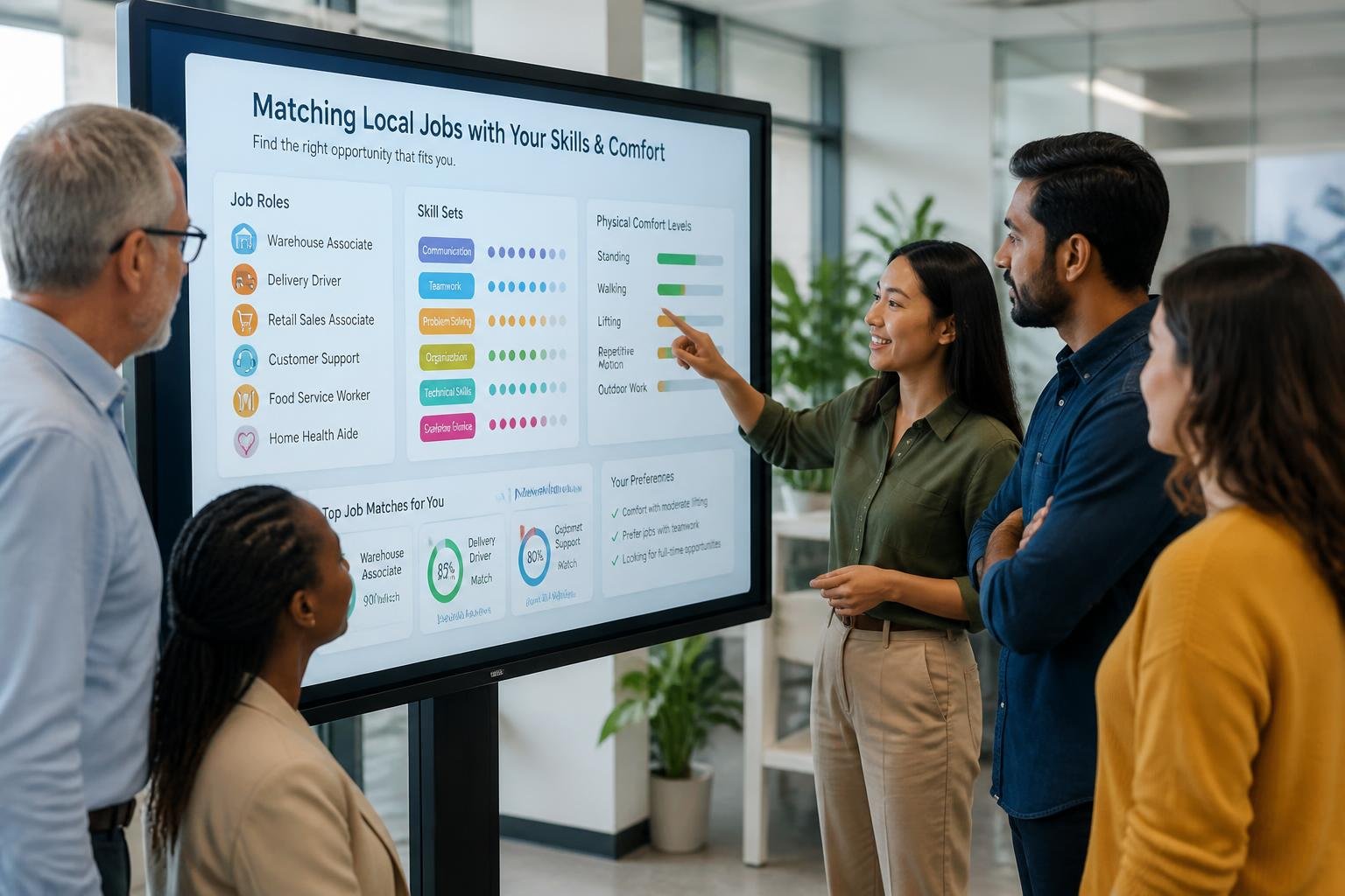 A group of diverse people working together around a digital touchscreen display in a bright office, discussing job roles and skills.