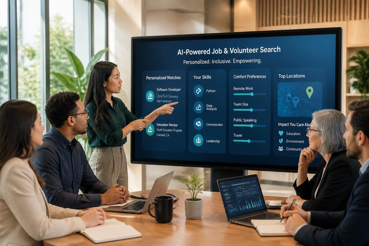 A group of people working together around a digital touchscreen in a bright office, discussing AI tools for personalized job and volunteer searches.