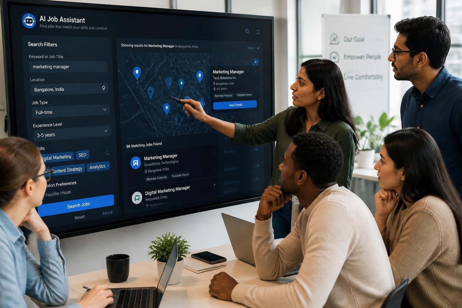 A diverse group of people collaborating around a large touchscreen displaying a map and search filters in a modern office.