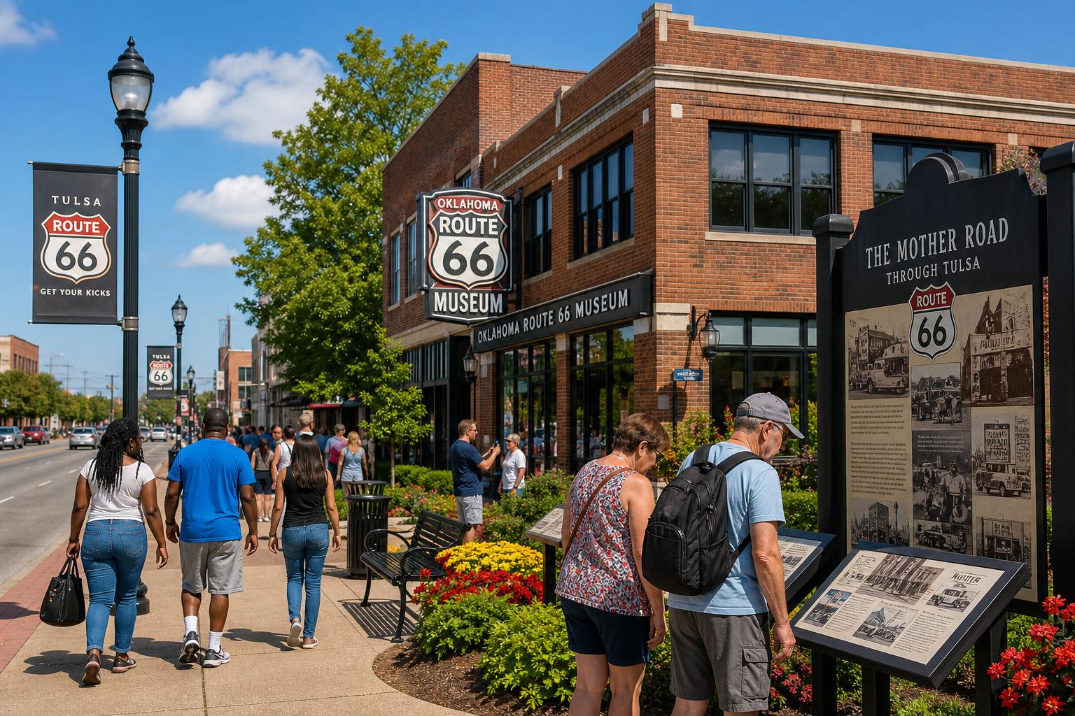 Visitors walking and exploring outside a historic museum building surrounded by trees and flowers on a sunny day.