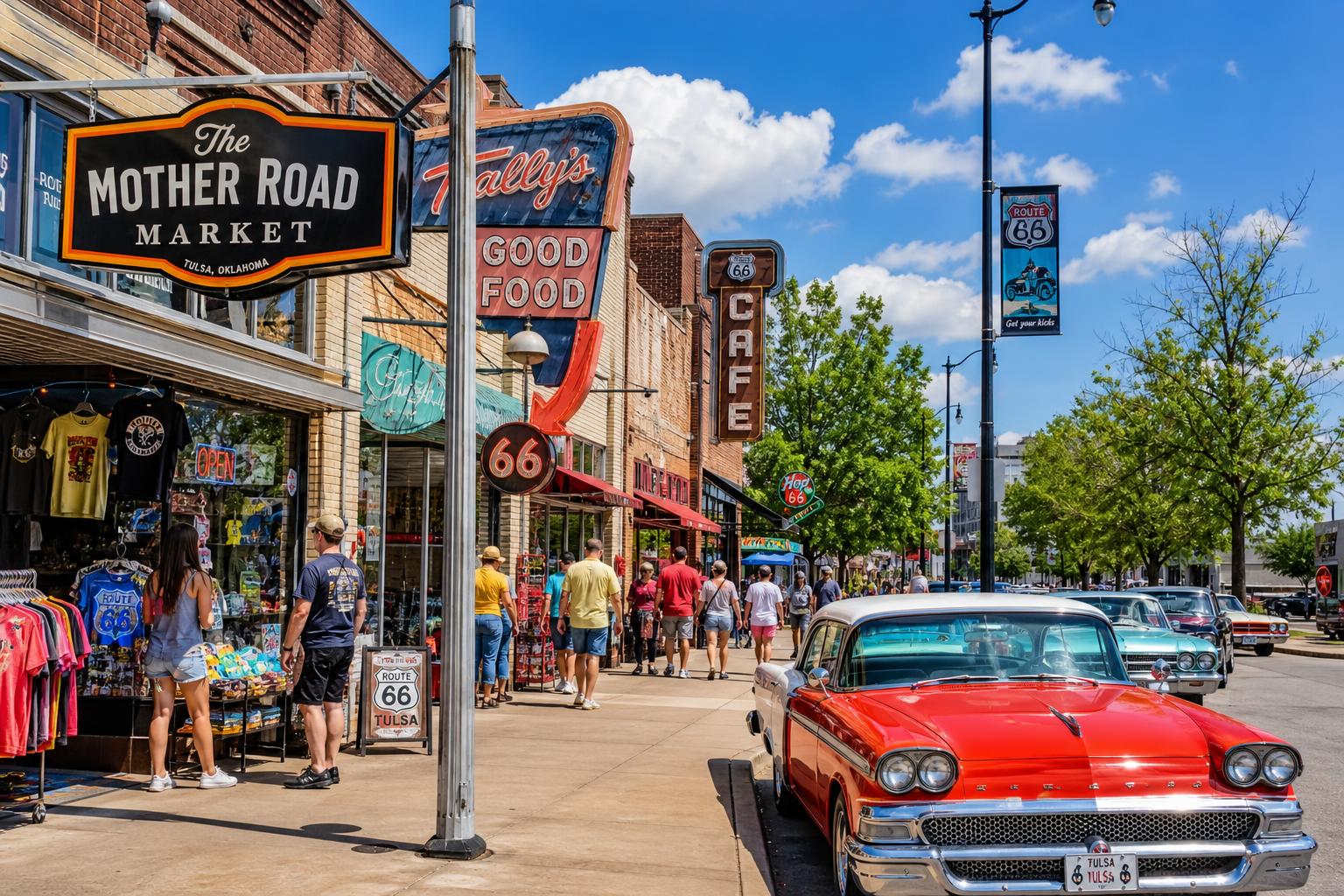 A busy street in Tulsa, Oklahoma, with classic diners, unique shops, vintage neon signs, parked cars, and people walking on the sidewalk on a sunny day.