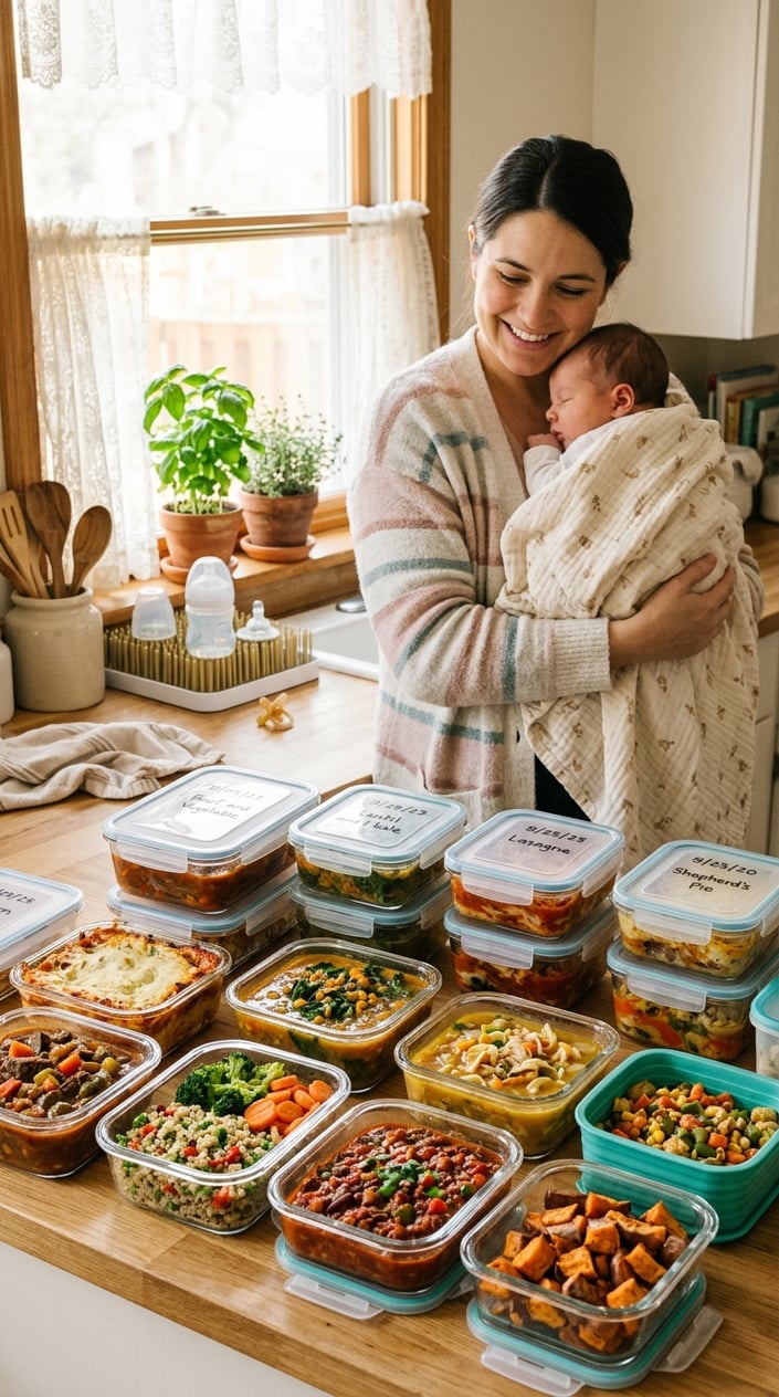20 Freezer Meals for the First Month After Baby 2 A kitchen countertop with various colorful freezer meal containers and a new parent holding a sleeping baby in the background.