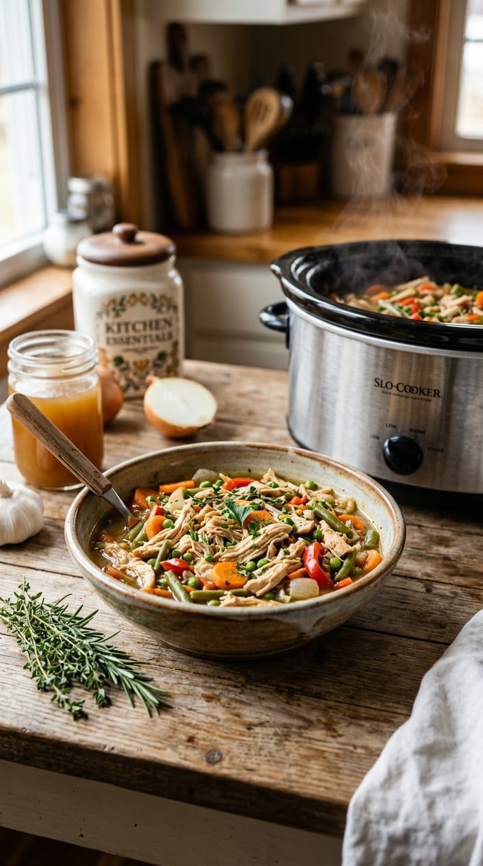 20 Freezer Meals for the First Month After Baby 3 A bowl of shredded chicken with mixed vegetables next to a slow cooker on a wooden countertop in a kitchen.