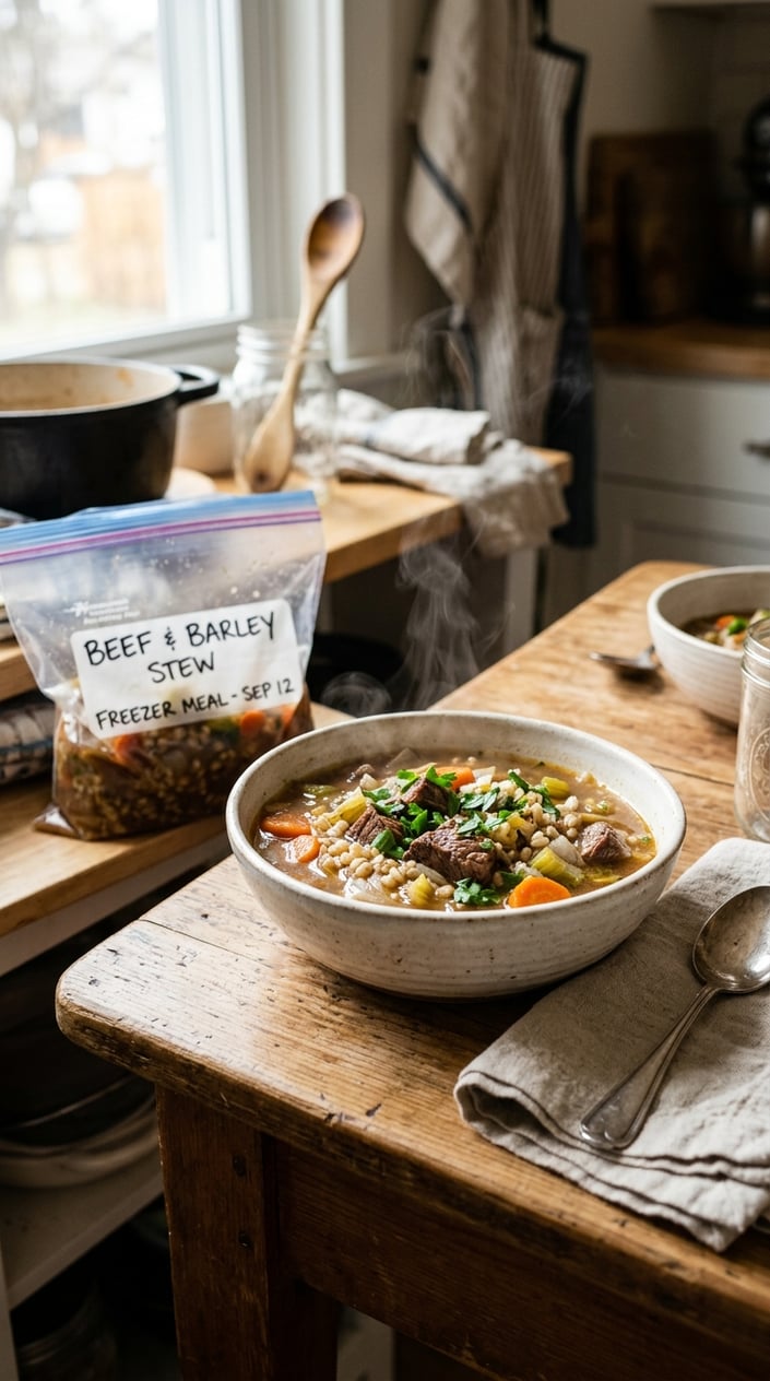 20 Freezer Meals for the First Month After Baby 4 A bowl of beef and barley stew on a wooden table with a spoon and a freezer bag in the background.