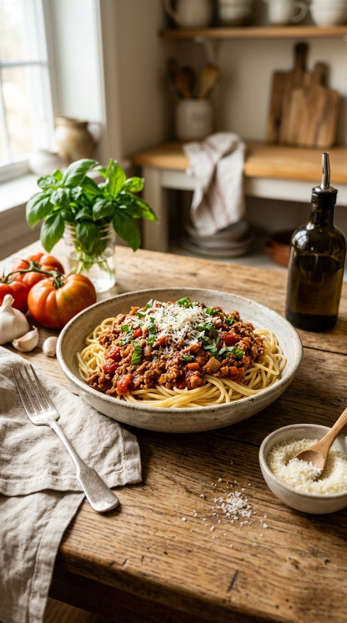 20 Freezer Meals for the First Month After Baby 5 A bowl of turkey Bolognese sauce served over pasta or zucchini noodles on a wooden table with fresh ingredients around it.