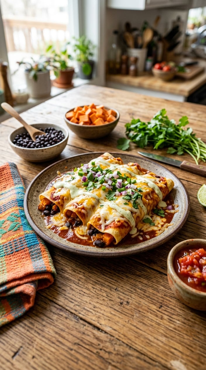 20 Freezer Meals for the First Month After Baby 6 A plate of black bean and sweet potato enchiladas topped with cheese and cilantro on a wooden table with fresh ingredients around it.