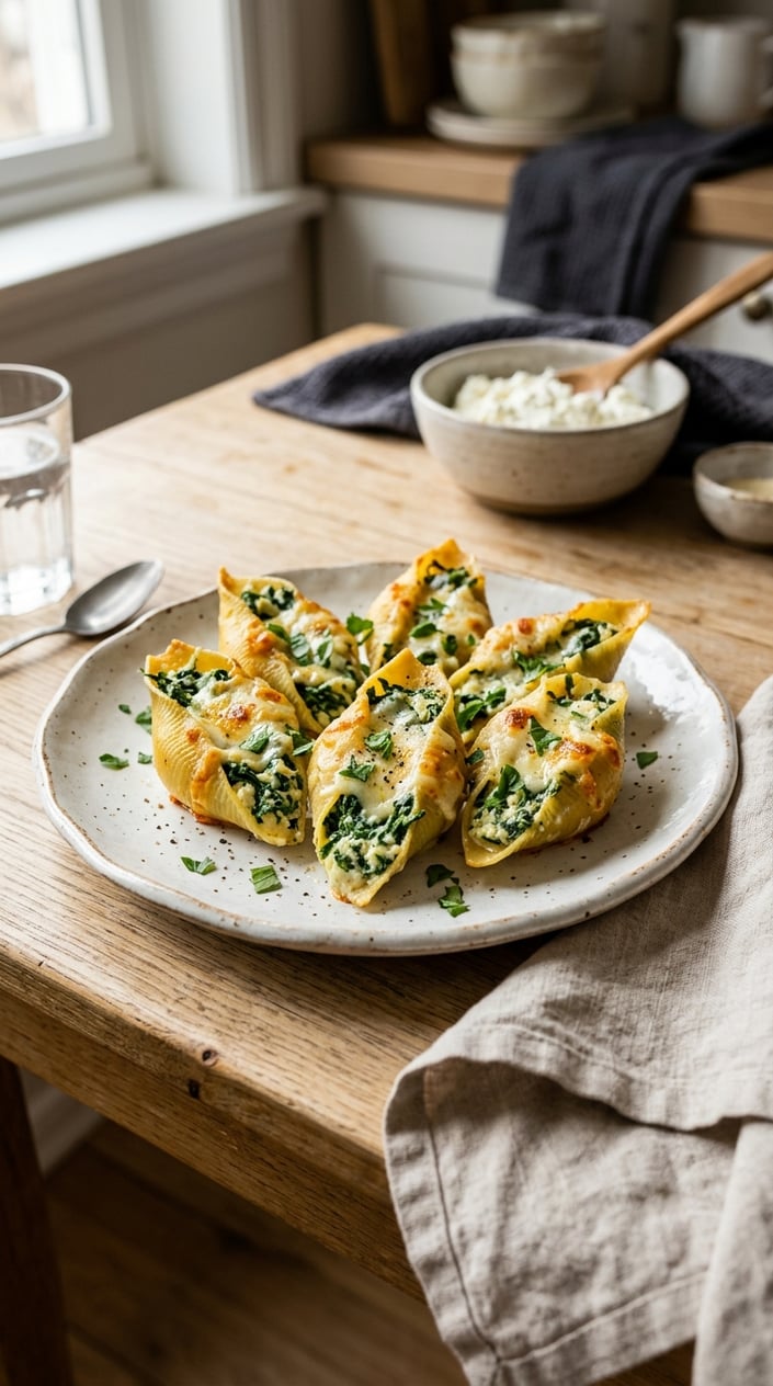 20 Freezer Meals for the First Month After Baby 7 Plate of creamy spinach and ricotta stuffed pasta shells on a wooden table with a glass of water and kitchen items in the background.