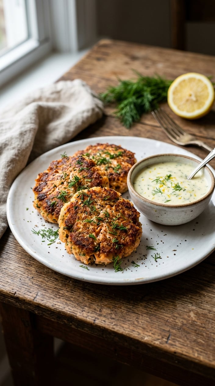 20 Freezer Meals for the First Month After Baby 8 Plate of golden salmon patties with a bowl of lemon-dill sauce, garnished with fresh dill on a wooden table.