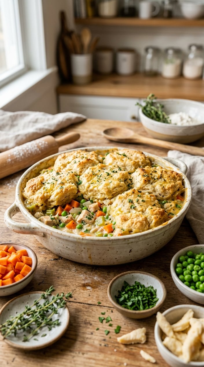 20 Freezer Meals for the First Month After Baby 9 A ceramic baking dish with chicken pot pie filling topped with biscuit dough on a wooden countertop surrounded by fresh vegetables and herbs.