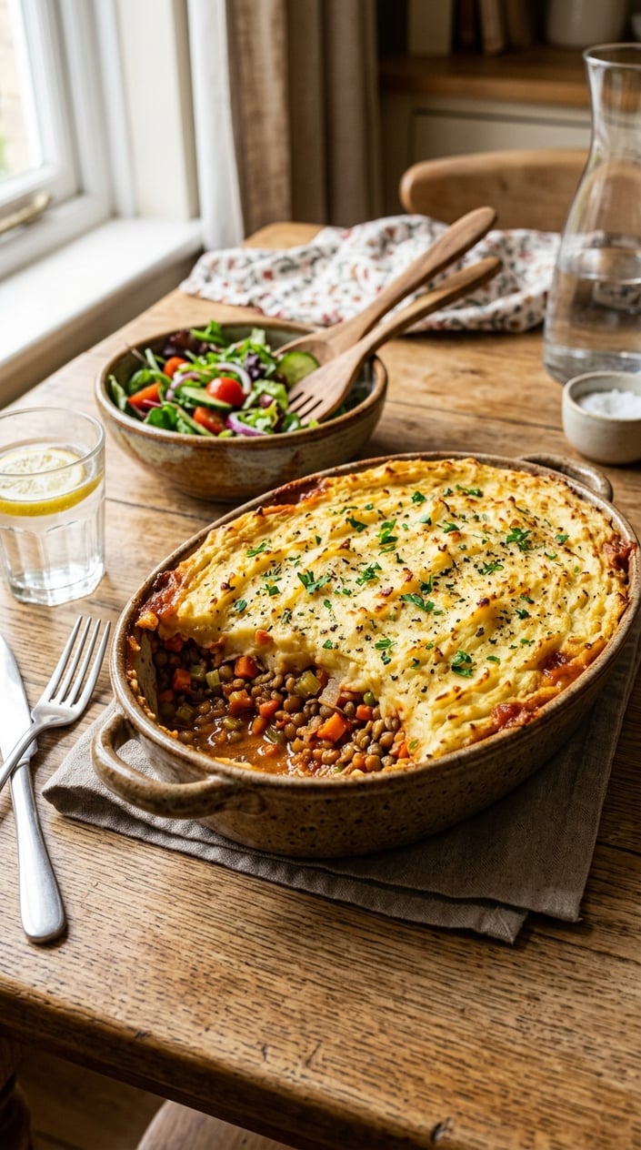 20 Freezer Meals for the First Month After Baby 10 A freshly baked vegetarian lentil shepherd’s pie with golden mashed potato topping on a wooden table, accompanied by a green salad and a glass of water.