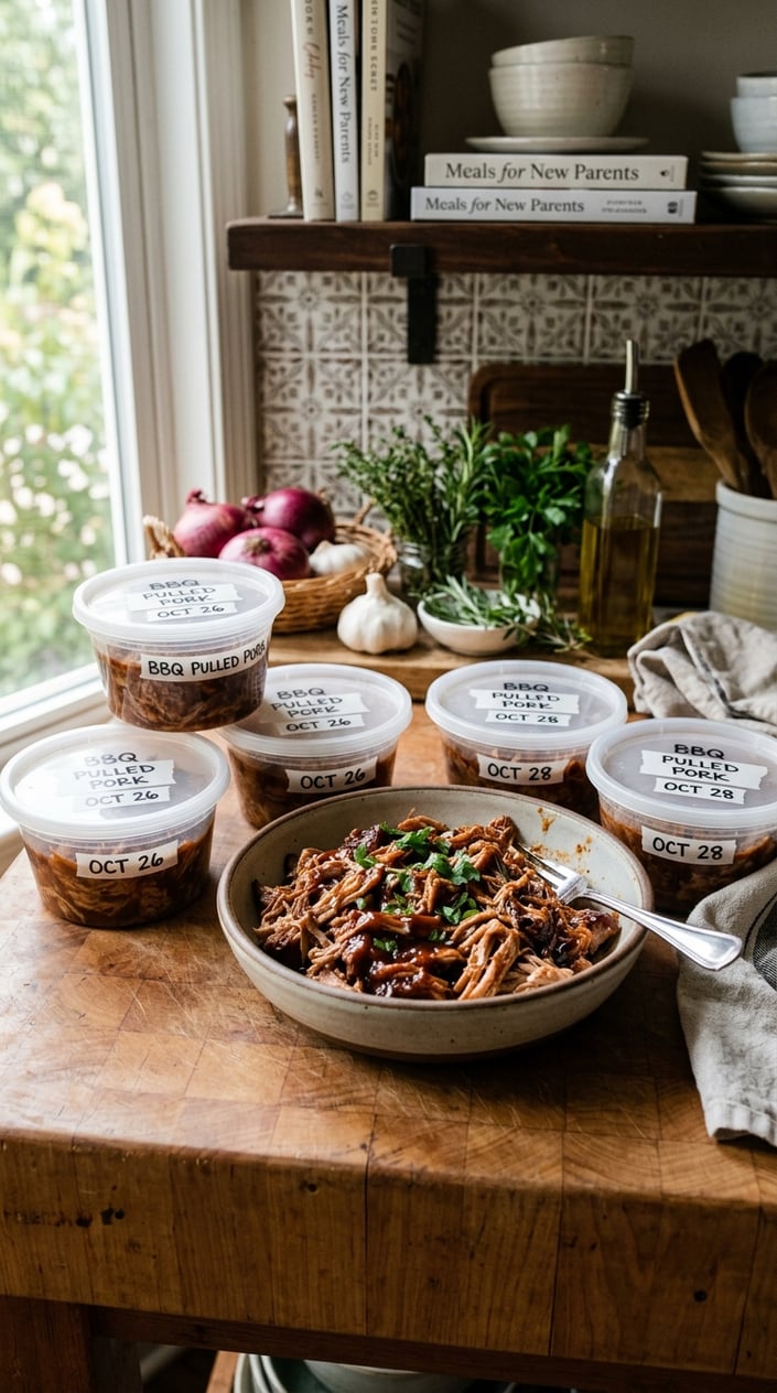 20 Freezer Meals for the First Month After Baby 11 A bowl of slow-cooked BBQ pulled pork with containers of prepared freezer portions on a kitchen counter.