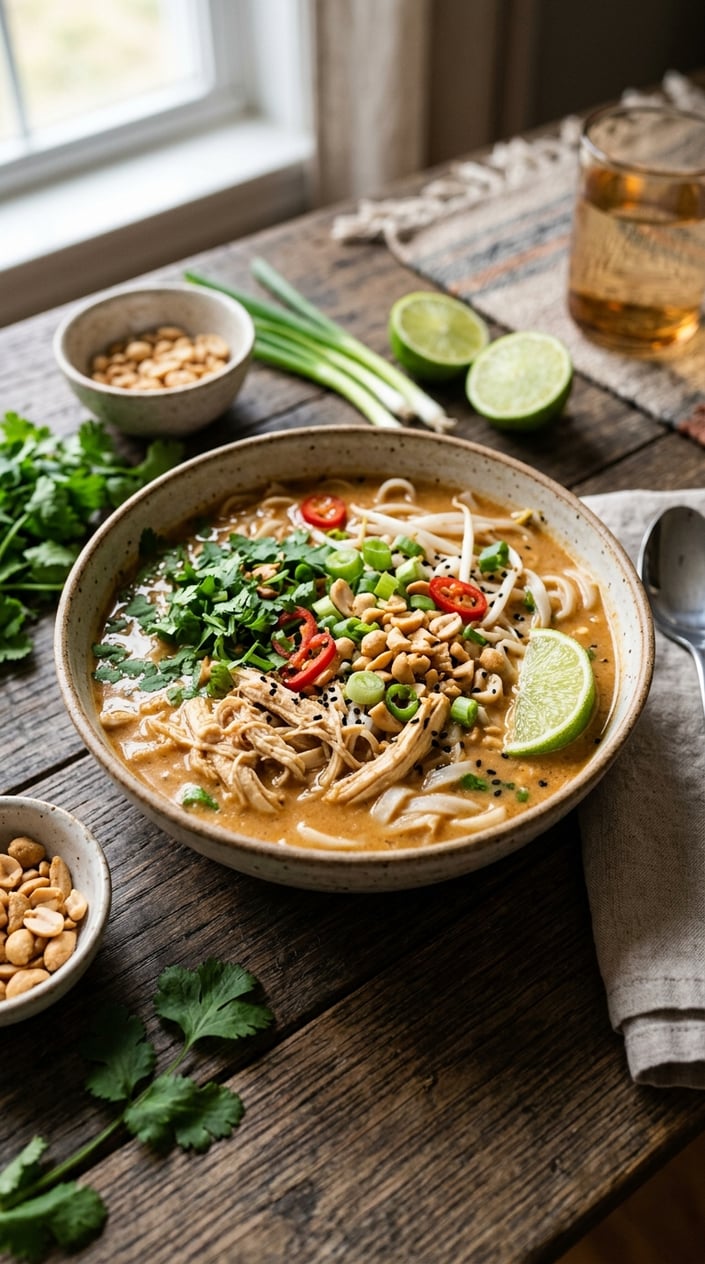 20 Freezer Meals for the First Month After Baby 12 A bowl of Thai peanut chicken noodle soup garnished with peanuts, cilantro, and lime on a wooden table.