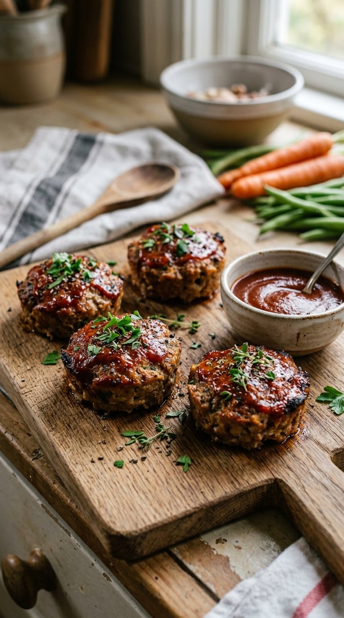 20 Freezer Meals for the First Month After Baby 13 Close-up of several individual mini meatloaves on a wooden board with fresh herbs and a small bowl of tomato sauce in a warm kitchen setting.